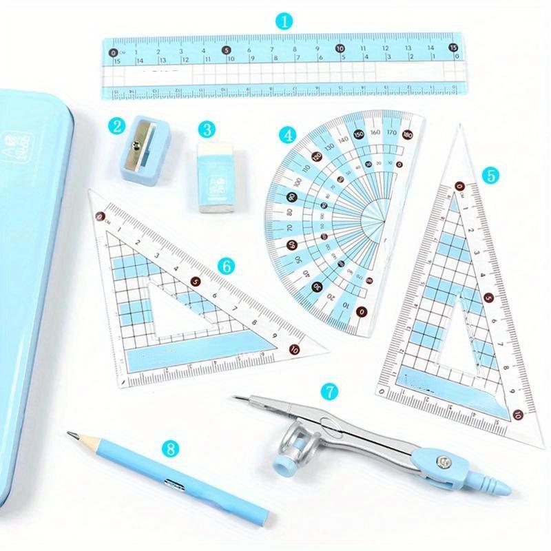 8pcs/Set, Ruler Compass Pencil Set, Geometry Math Drawing Stationery, School Supplies