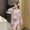 Pajamas women's spring and summer ice silk long-sleeved suspender shorts nightgown three sets with chest pads sexy lace seduction loungewear