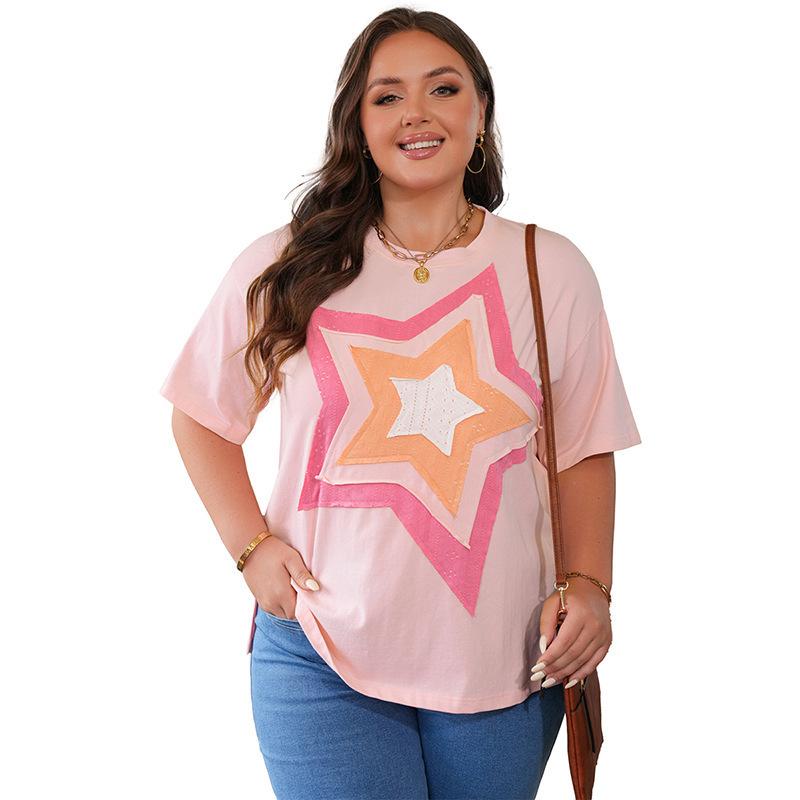 2025 Summer Women s Plus Size Star Patchwork Short Sleeve Casual T-shirt XXXXL