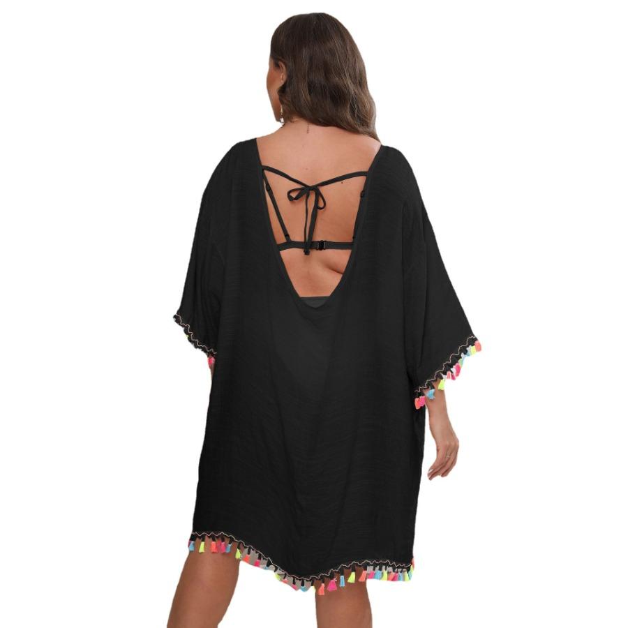 Vestido de mujer de gran tamaño, color blanco, negro, albaricoque, con borlas y retazos, cuello oblicuo, Sexy, sin espalda, atado, para playa, Bikini, vestidos