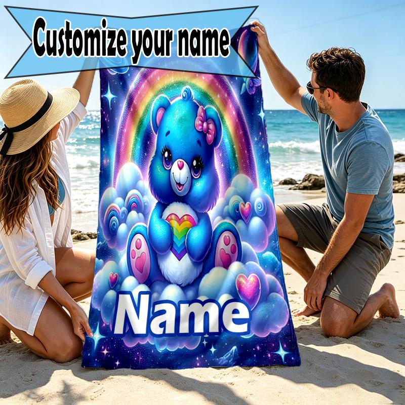 Custom Name Personalized Care Bears Print Beach Towel, for Trip Camping Beach Party Home Decor, Birthday Gift for Family & Friends