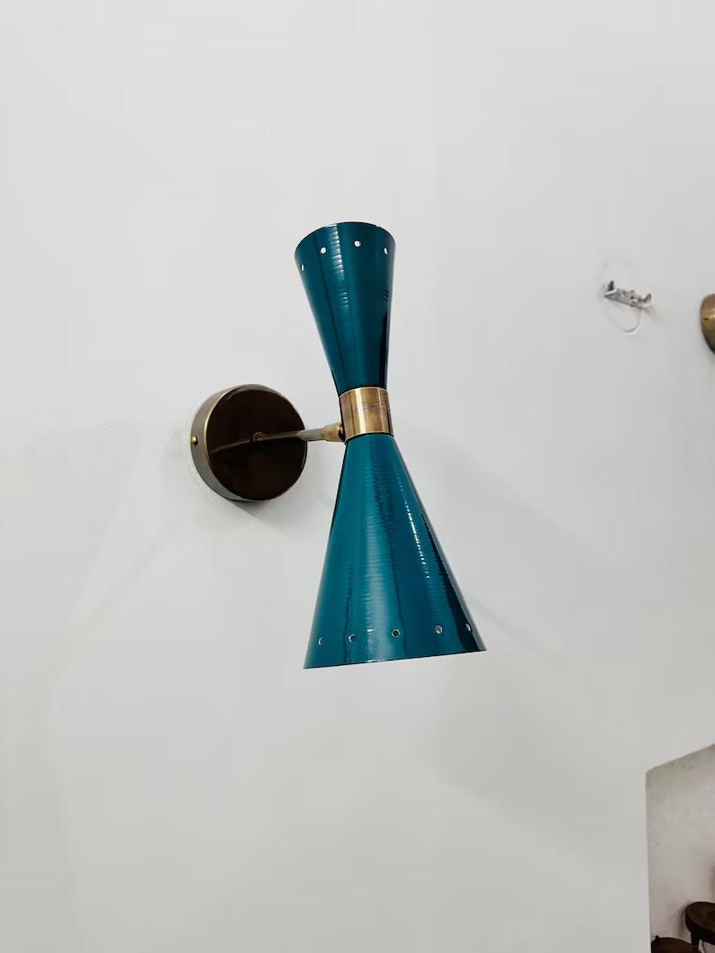 

Turquoise Brass Wall Sconce: Mid Century Italian Stilnovo Lighting синій