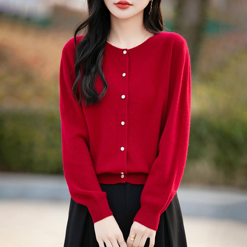 Autumn & Winter Round Neck Wool Cardigan - Women's Loose Knit Jacket, Long Sleeve, Short Style Top