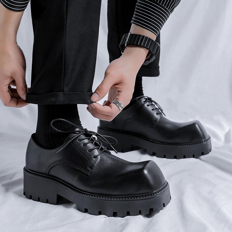 men fashion original leather shoes  designer square toe derby shoe stage nightclub dress black tide platform footwear male