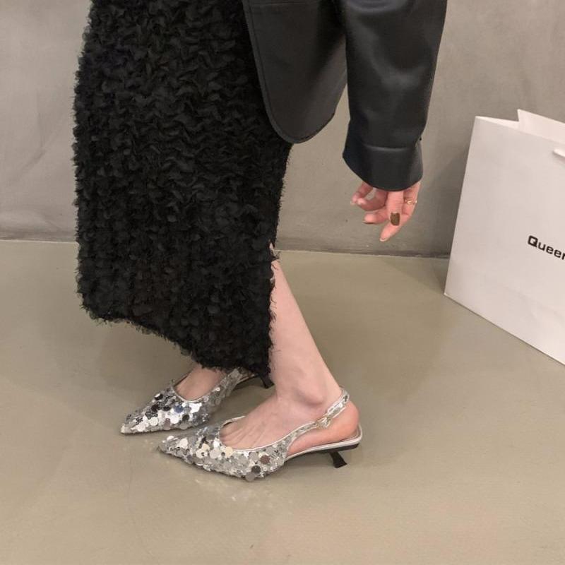 French niche high heels silver temperament bag head sandals fairy shoes 2025 new spring and summer pointed single shoes