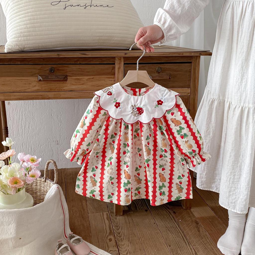 Korean Style Lapel Rabbit Embroidery Dress for Baby Girls, Ages 1-8, Long Sleeve, Spring/Autumn, Sweet Princess Style
