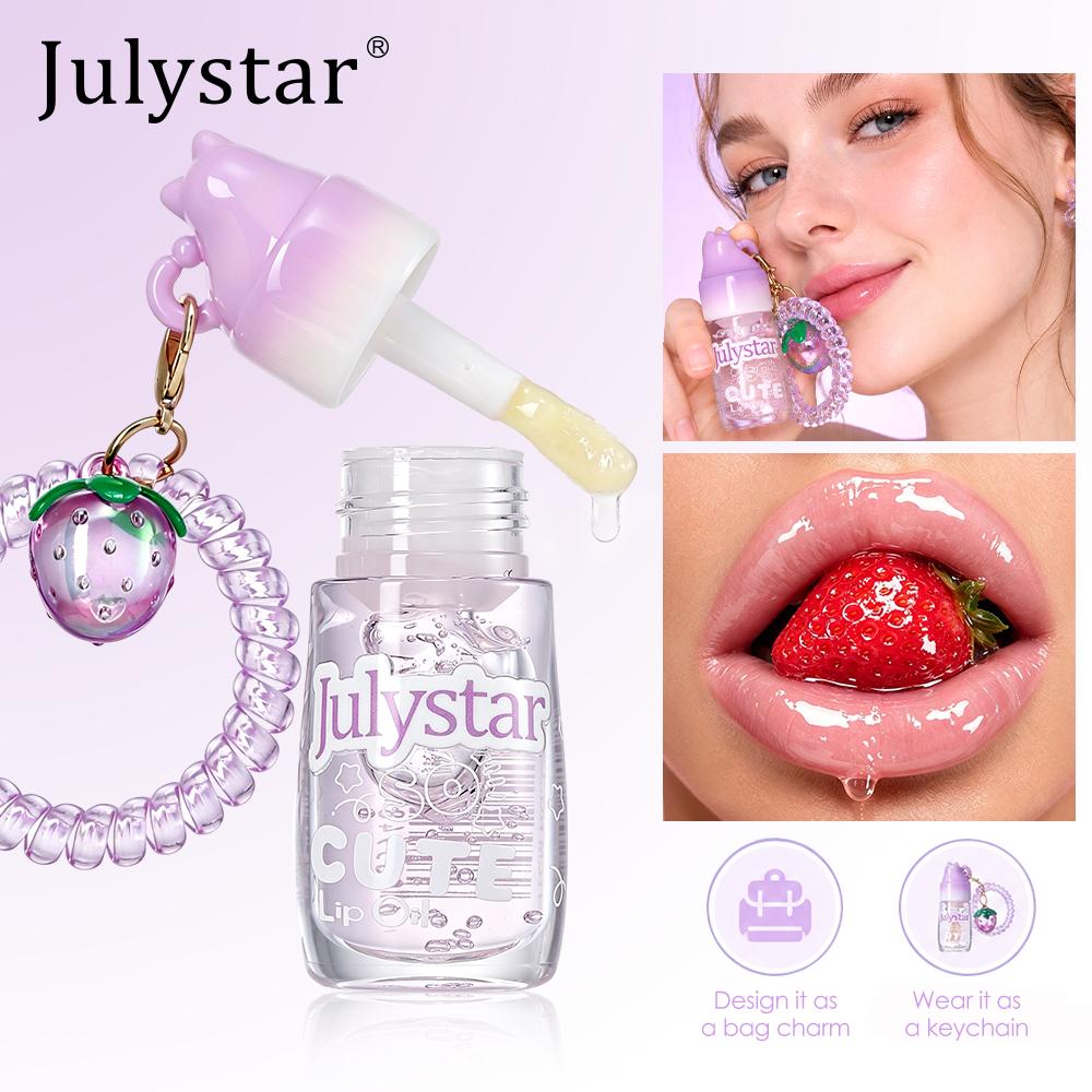 Julystar Cute Strawberry Keychain Lip Oil Moisturizing Clear Glossy Lip Plumper Fruit Flavor Lip Care Lip Gloss with Phone Cord Hair Tie Bag Pendant