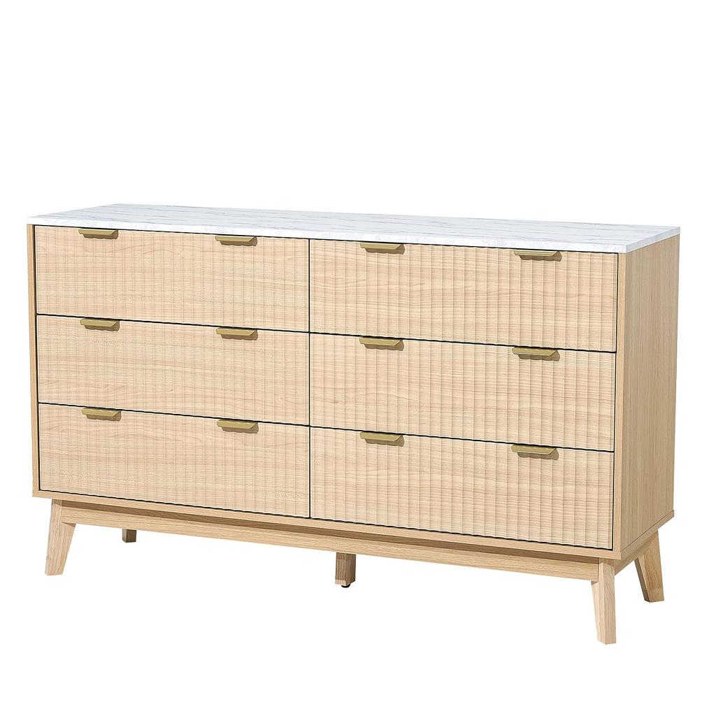 VEVOR 6 Fluted Drawer Dresser, Wooden Chest of Drawers with Sliding & Anti-tip Device, Modern Minimalist Dresser Chest