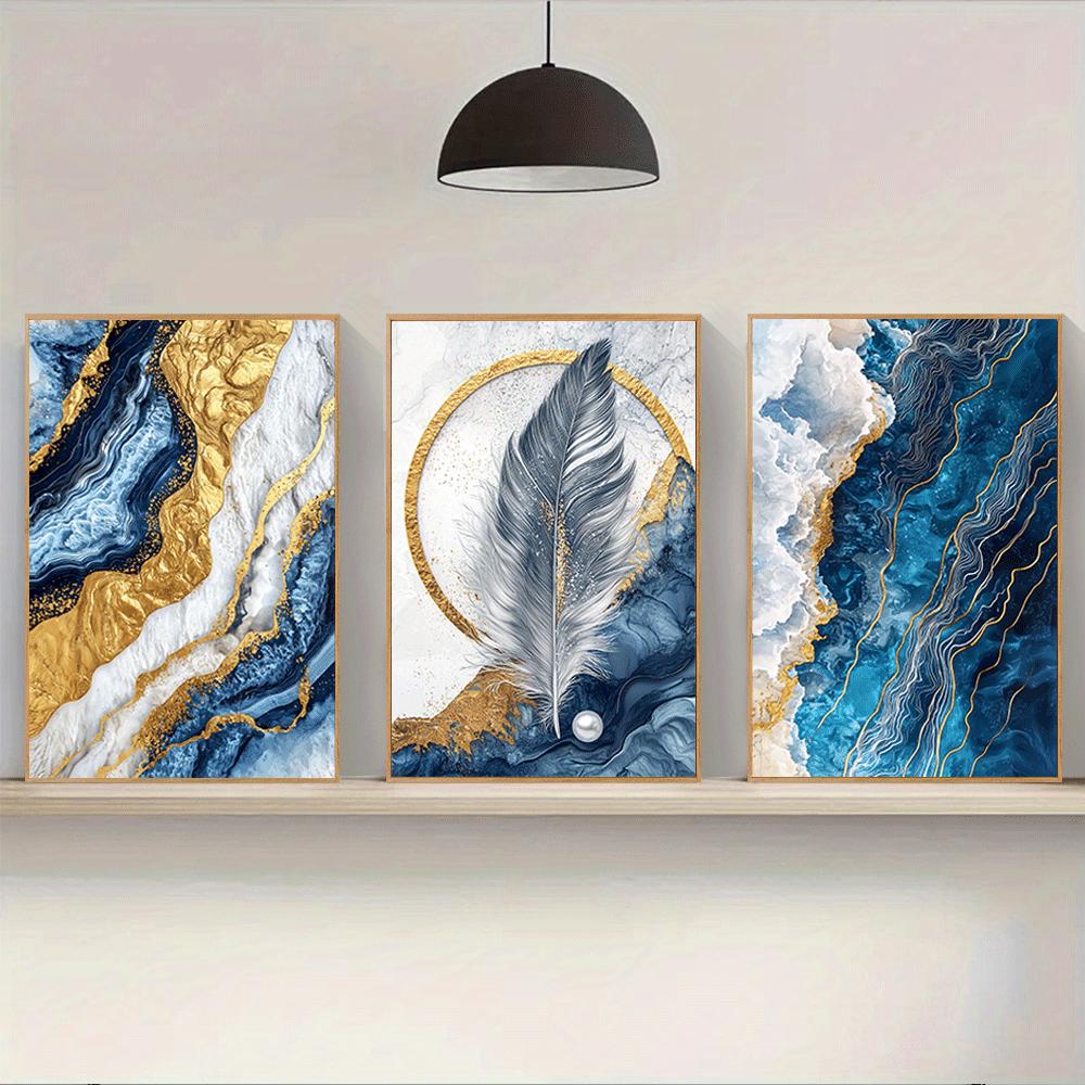 3pcs Art Deco Canvas Wall Art Set - Unframed Abstract Golden Blue Sea Feather Prints for Home Office, Bedroom, Living Room - Ind