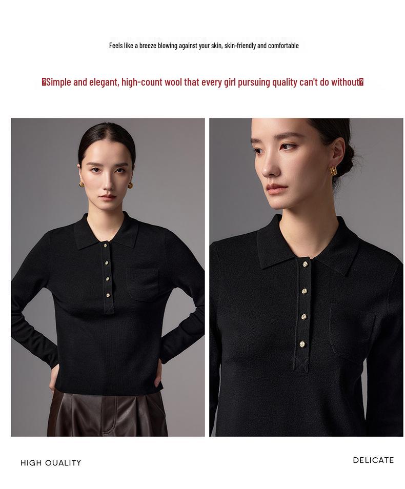 Women's Slim Fit Polo Collar Knit Sweater – Imitation Wool, Long Sleeve, Solid Color Pullover