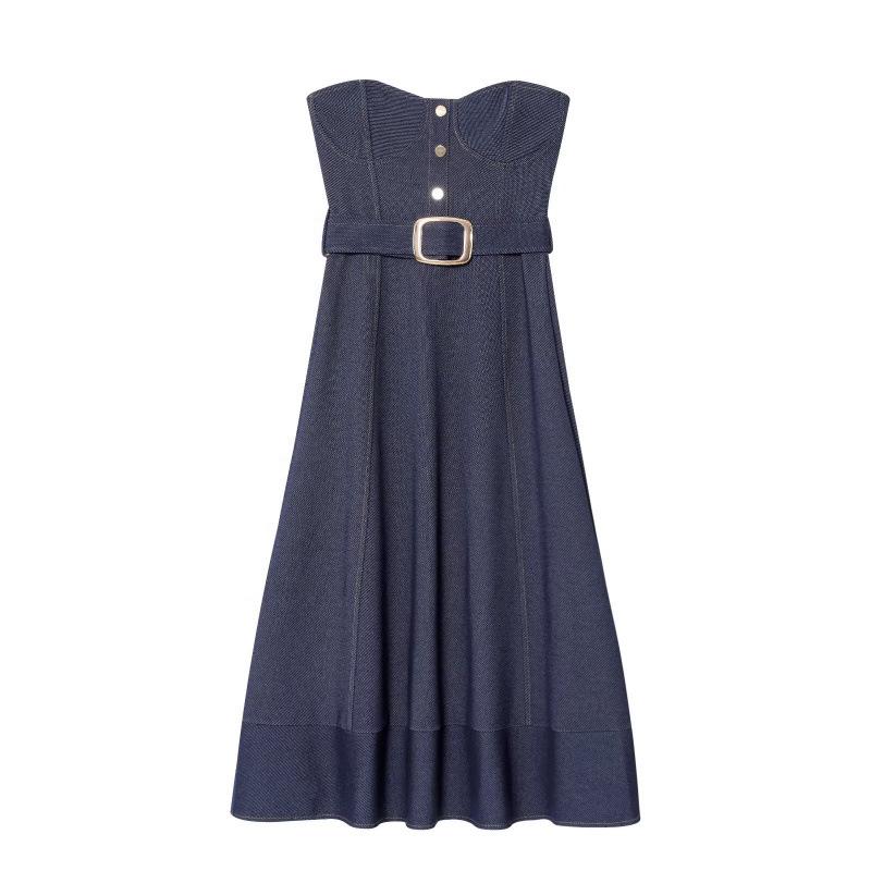 Spring 2026 European and American Style Backless Bandeau Denim Dress with Belt for Women Large