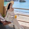 Sexy Vacation Streamer Pleats White One-shoulder Bandeau See-through Dress Fairy Dress