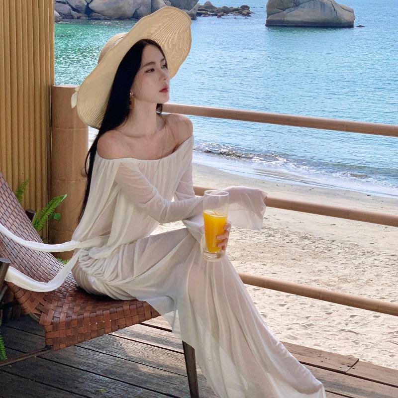 Sexy Vacation Streamer Pleats White One-shoulder Bandeau See-through Dress Fairy Dress