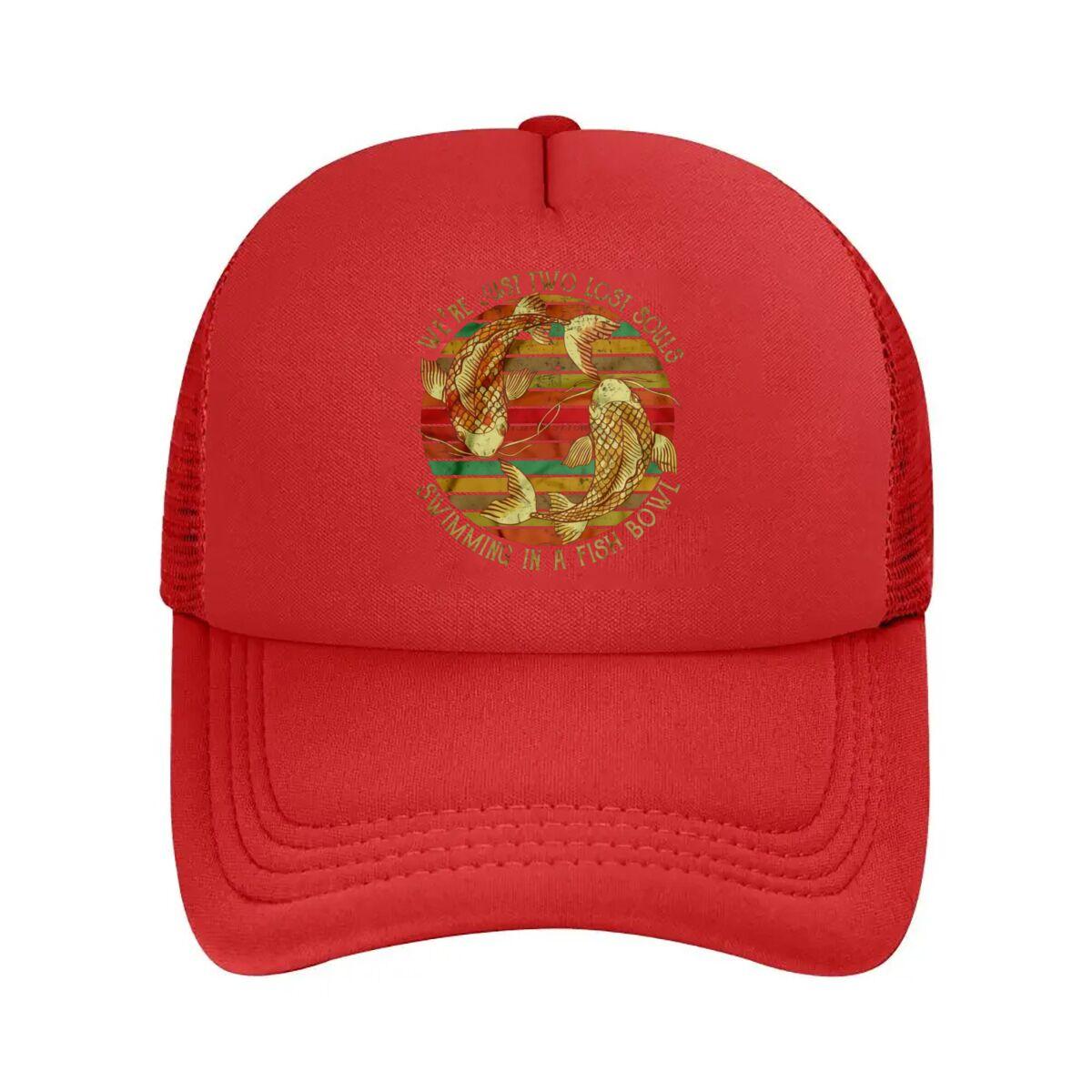 Vintage Koi Fish Were Just Two Lost Souls Swimming in a Fish Bowl Text Mesh Baseball Cap One Size