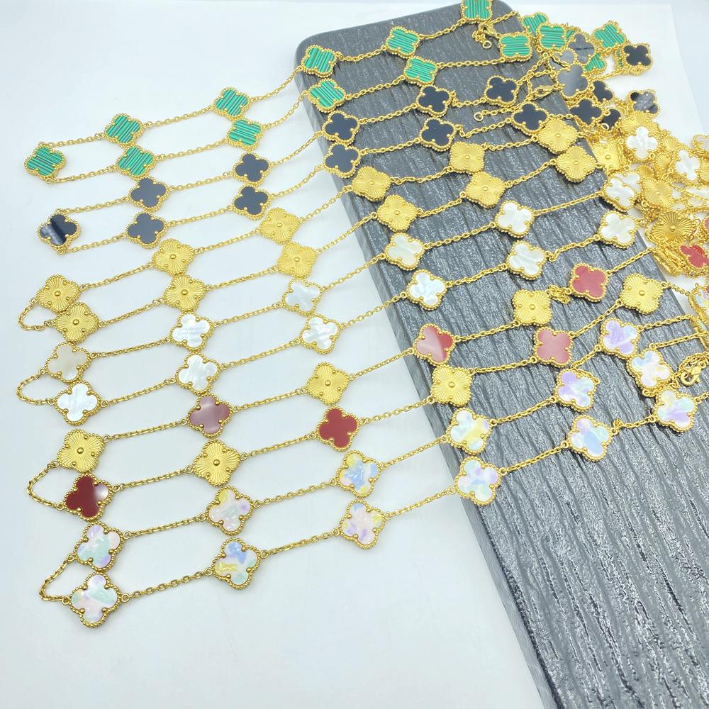 15MM Titanstål Halskjede 20 Blomster 90+5CM Firkløver Sidefresede Partivinkel Halskjede High-end Dame Genserkjede