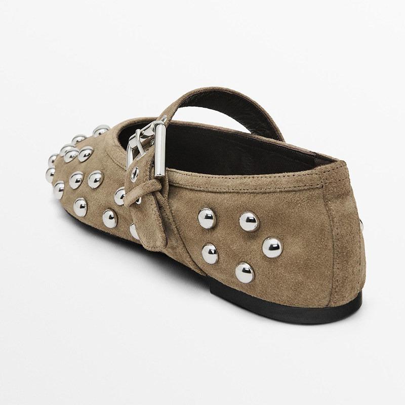 Burgundy Soft Leather Ballet Flats for Women Fashion Metal Rivets Decorated Mary Jane Shoes Elegant Belt Buckle Designer Shoes