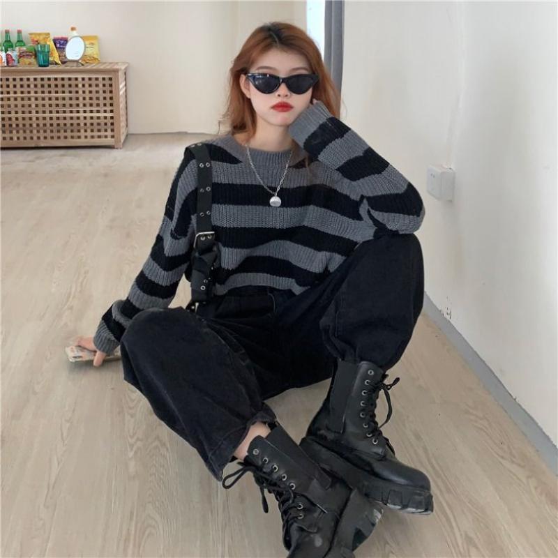KOSY Striped Cropped Sweater Korean Style  Women Vintage Oversize Knit Jumper Female Autumn Long Sleeve O-neck Pullovers Tops
