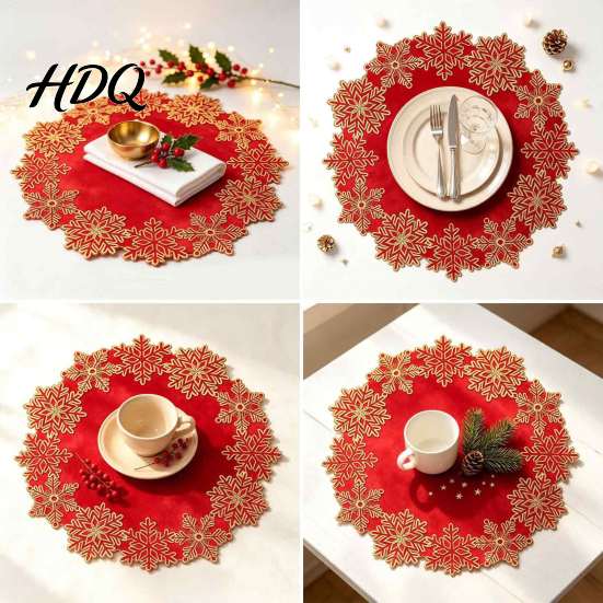 Winter Holiday Party Tableware Christmas Embroidered Placemat Red And Gold Snowflake Table Gift for Family Mat Heat Resistant Polyester Decorative