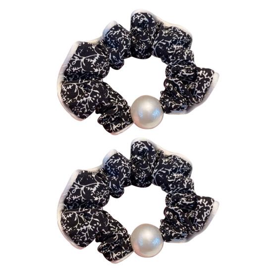 2 шт. Резинка для волос Высокая эластичность Нескользящая Мягкая Шифоновая Ткань Волоконная веревка с Дизайном из Имитации Жемчуга Цветочный Принт Пучок Полусобранные Аксессуары для Волос чёрный