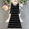 Spring Autumn Women Casual O-neck Beading Striped Knitted Sweater Long Midi Dresses