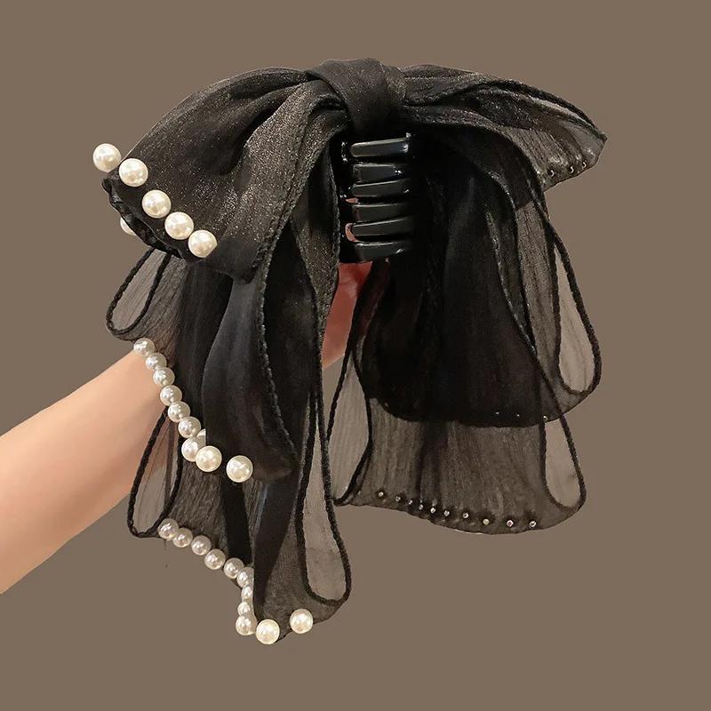Woman Large Three-layers Gauze Pearl Ribbon Bowknot Hair Claws Lady Hairpins Barrettes Gilrs Elegant Hair Clips Hair Accessories