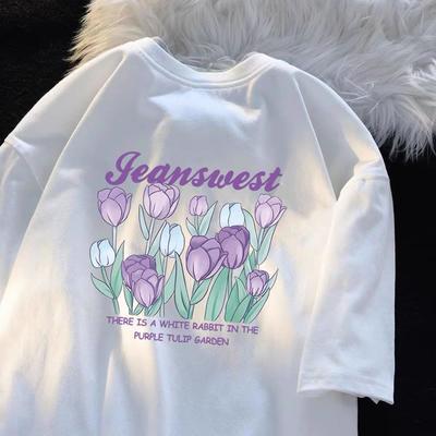 Camiseta Feminina Popular de Verão Manga Curta Algodão Respirável Top Solto Camiseta Estampada Casual