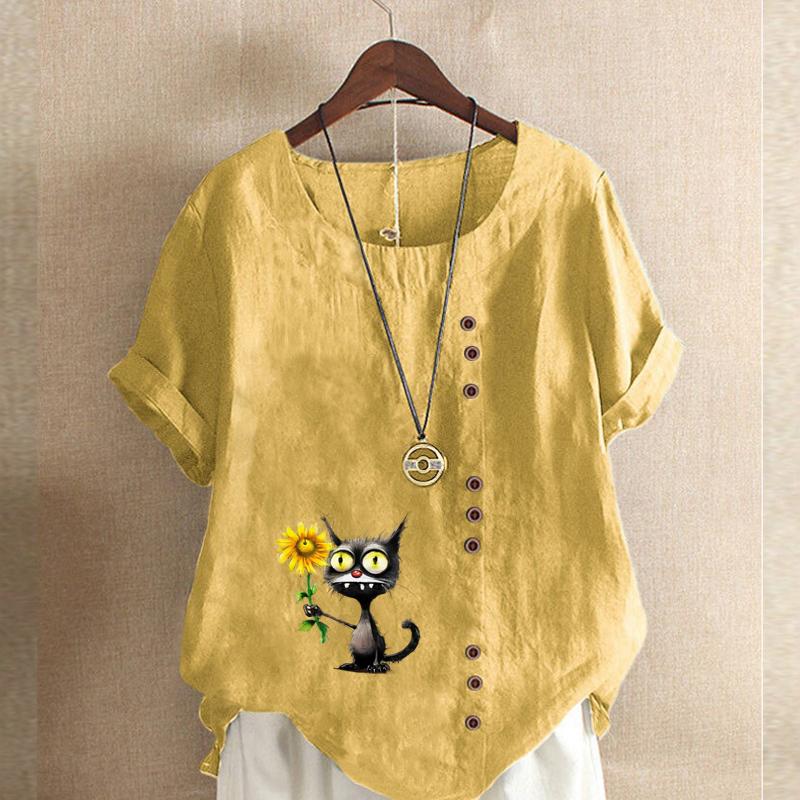 Women's Fashion Sunflower Black Cat Prined Short Sleeve T-shirt Loose Cotton Shirt Casual Loose Summer Blouse Tops Plus Size