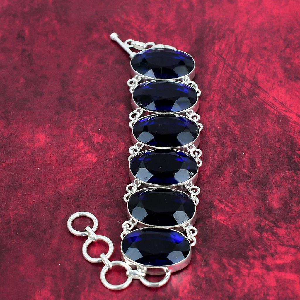 Faceted Blue Sapphire Lab-Created Jewelry, Handmade Gemstone 925 Solid Sterling Silver Jewelry, New Jewelry Adjustable Chain Bracelet For Wedding Gift