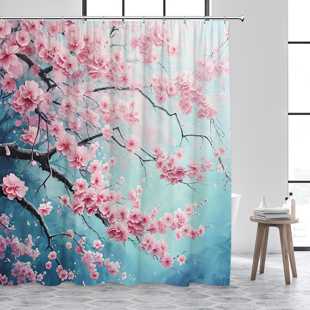 Japanese Landscape Shower Curtains Abstract Mountain Pink Cherry Blossom Floral Bird Pavilion Asian Art Bathroom Curtain Decor