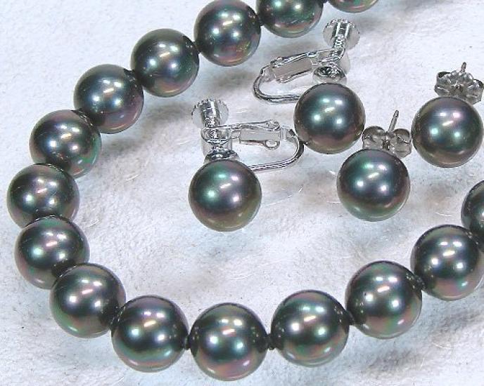 [Your and My Jewelry Box] Black Pearl Necklace and Earrings Set - Peacock Color  Black Mother-of-Pearl Pearls 10.0mm Up, 42cm Size Made In Japan