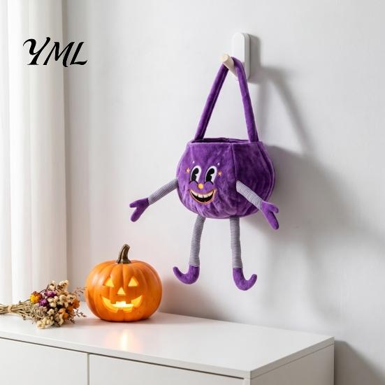 Kids Halloween Role Play Accessories Pumpkin Candy Basket with Handle, Soft Plush Trick or Treat Bag for Kids, Decorative Party Supply Holders