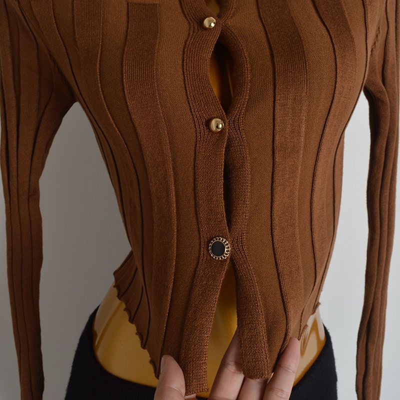 French Simplicity Solid Color Polo Collar Sunken Stripe Long Sleeves Knitting Cardigan Female Spring & Fall Fashion Metal Buckle Cropped Coat Top