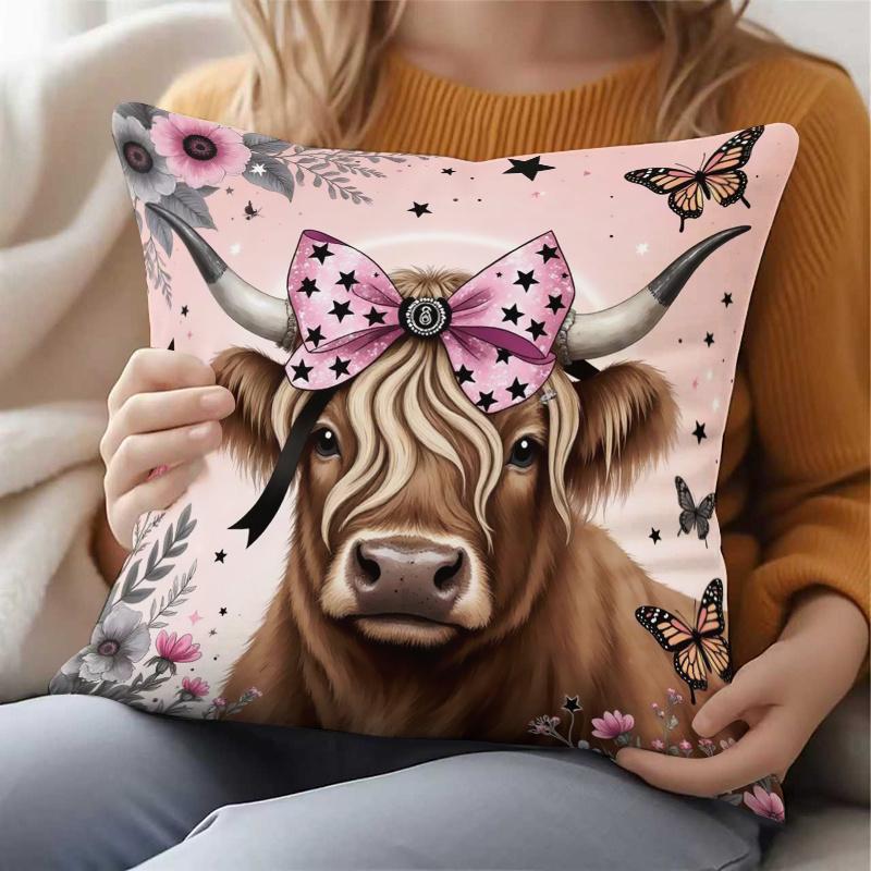 1pc Highland Cow Cushion Cover with Bowknot - Scottish Cow Pattern Pillowcase Suitable for Sofa Bed Decor, Zipper Closure & Machine Washable Cover Onl