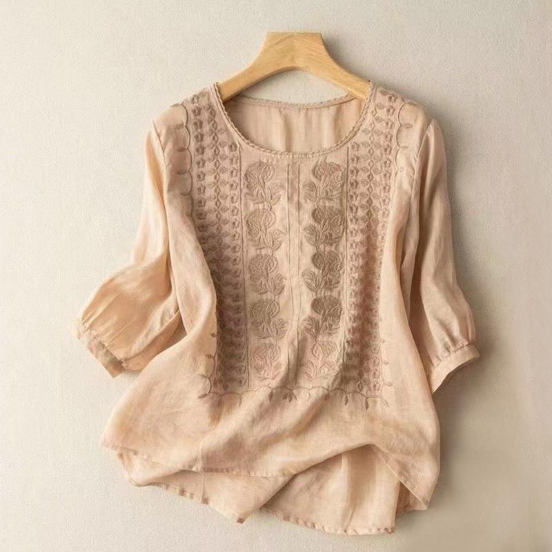 Летняя Элегантная Вышивка Свободная Женская Блузка Большого Размера Повседневная Футболка Свободная Простая Офисная Однотонная Модная Элегантная С Круглым Вырезом Милые Рубашки Одежда M абрикосовый