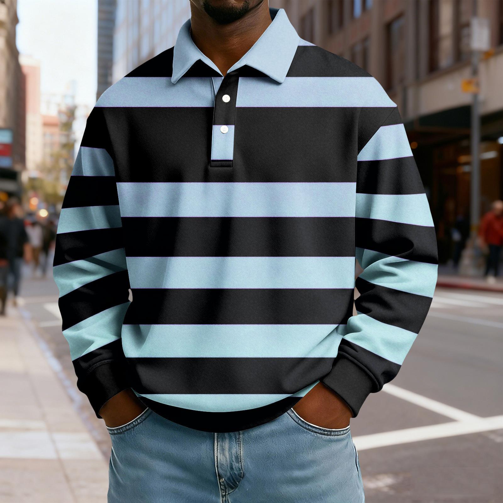 

Чоловічий повсякденний вільний топ з колорблочним принтом, лацканами на ґудзиках та довгими рукавами XXXL синій