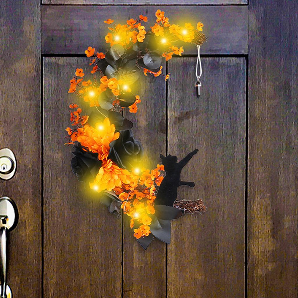 Halloween-Mondkranz mit schwarzer Katze, Holzkranz, Halloween-Kranz, Horror-Dekorationen für Zuhause, Party, Fenster, Wand, Innenbereich