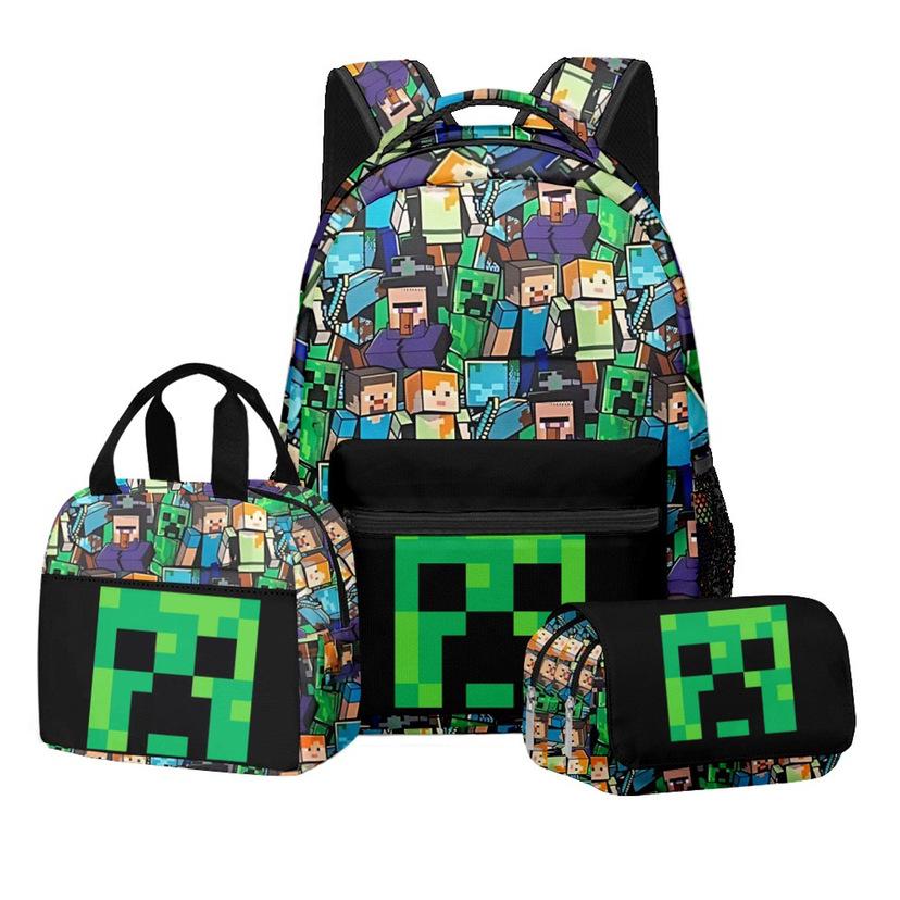 3pcs Minecraft Double-Sided Printed School Backpack 20L Casual Daypack Waterproof Durable Large Capacity
