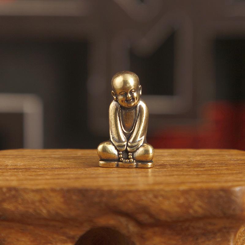 Vintage Mini Brass Zen Monk Statue Collectible Tea Pet for Office Desk Yoga Room Meditation Decor
