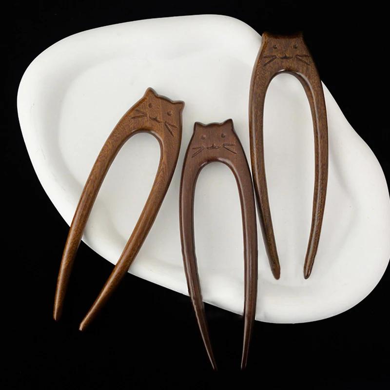 Chinese Cat Pattern Hair Sticks Wooden U Shaped Hair Forks for Women Girls Hanfu Hairpin Headwear Headpieces Hair Accessories