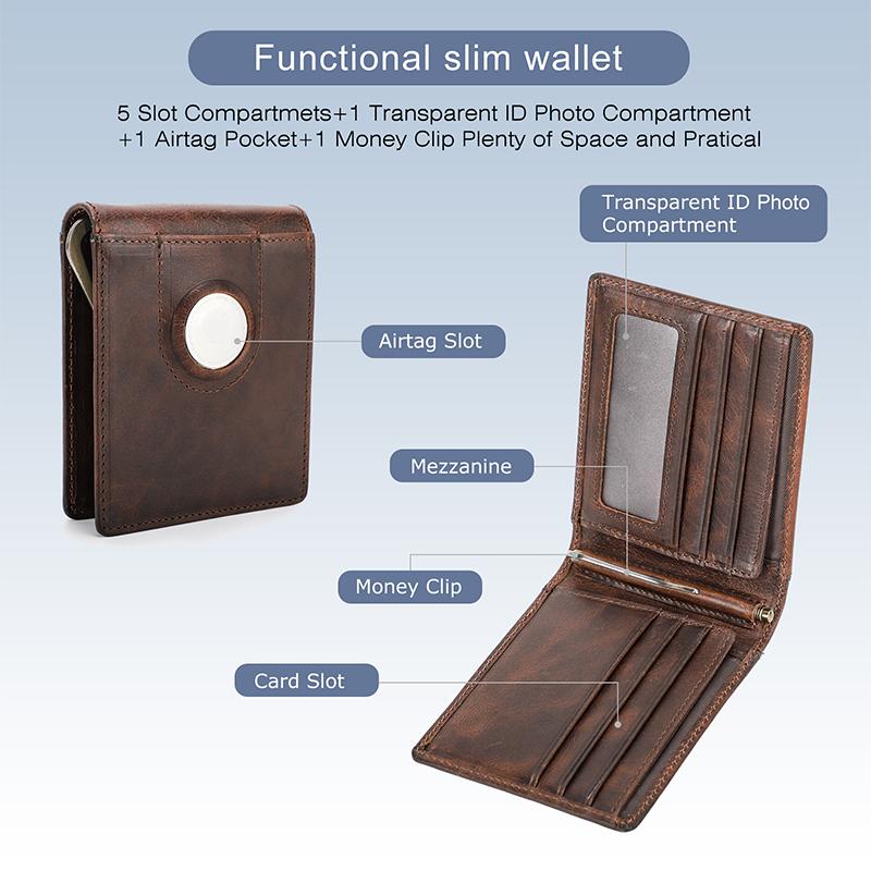 Echtes Leder Männer Brieftasche mit Airtag Slot RFID Geld Clip Kreditkarte Halter Kleine Männliche Geldbörse Münzfach