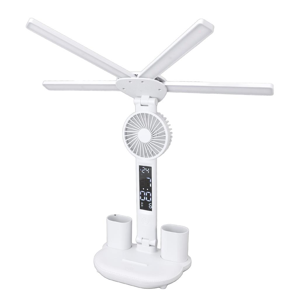 LED Desk Light with Fan Bright 4 Headed Touch Control Adjustable Foldable Table Lamp with Clock Date