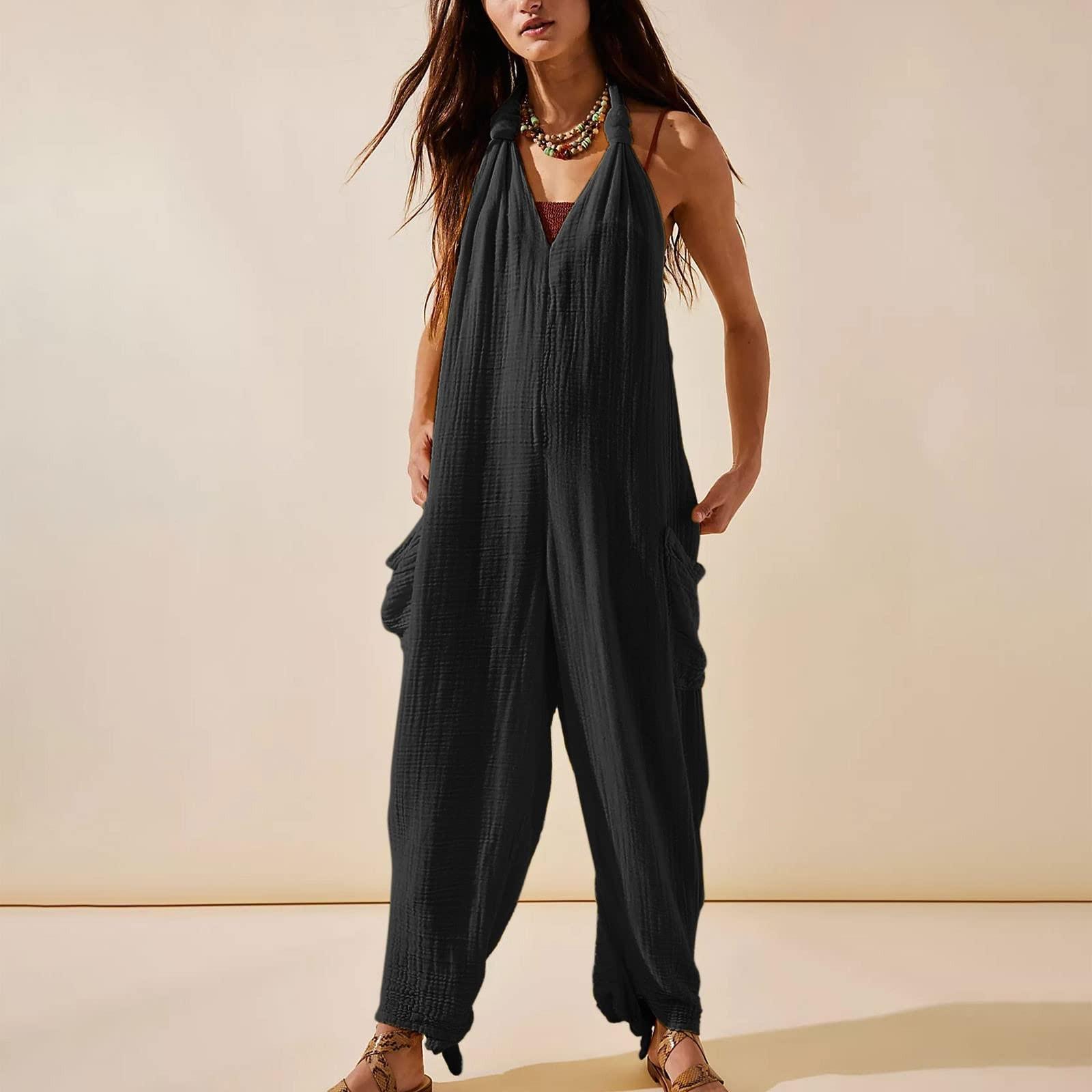 

Женский повседневный свободный однотонный комбинезон без рукавов с V-образным вырезом и карманами на бретелях XXL