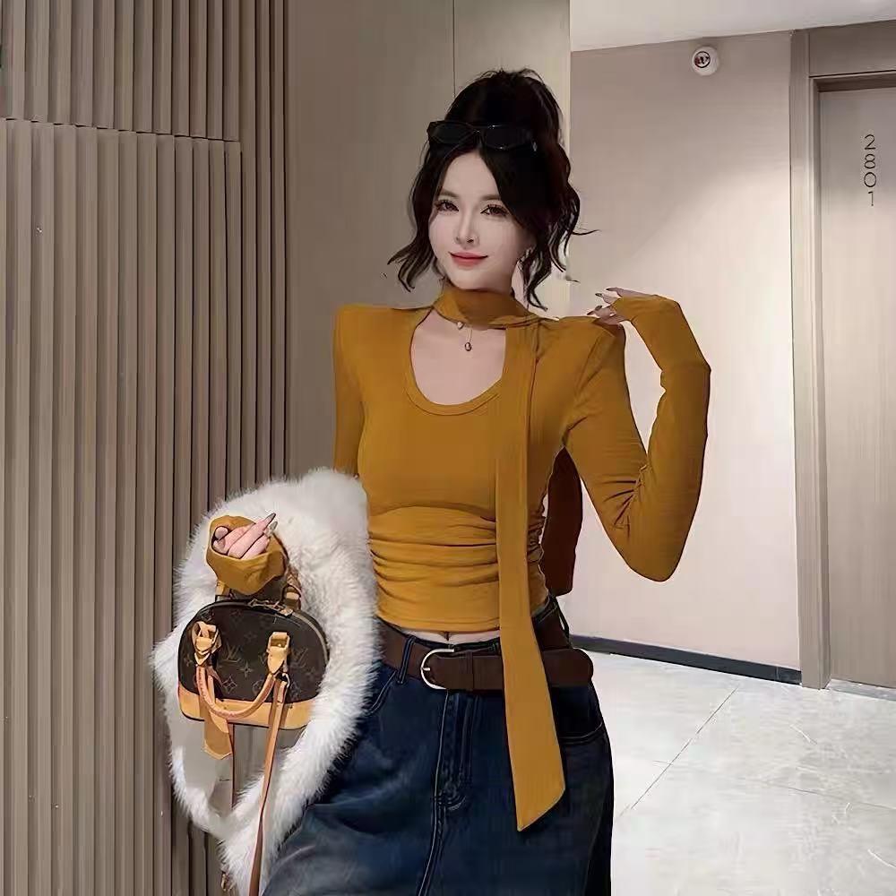 2025 Slim Fit U-Neck Fleece T-Shirt: Autumn/Winter Comfy Commute Style with Ribbon Accents