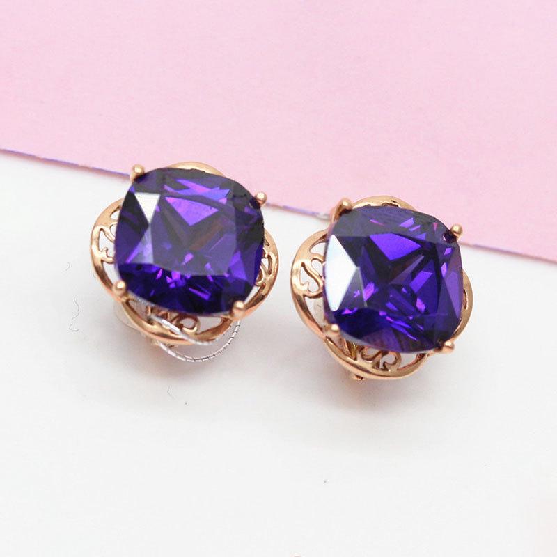 Purple Gold Square Purple Stone Earrings, High-End Elegant Earrings, Rose Gold-Plated Ear Jewelry.