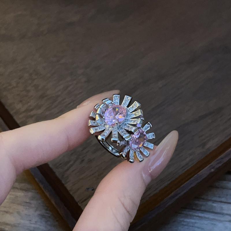 Heavy Industry Zirconium Flower Ring Exquisite Light Luxury Simulation Pink Gem Double Flower Color Treasure Open Ring Female