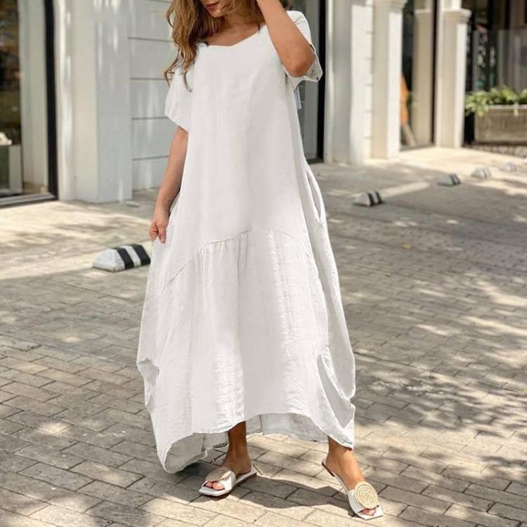 Summer Fashion Women V Neck Loose Cotton Linen Dress Oversized Long Maxi Dress Short Sleeve Female S-5XL