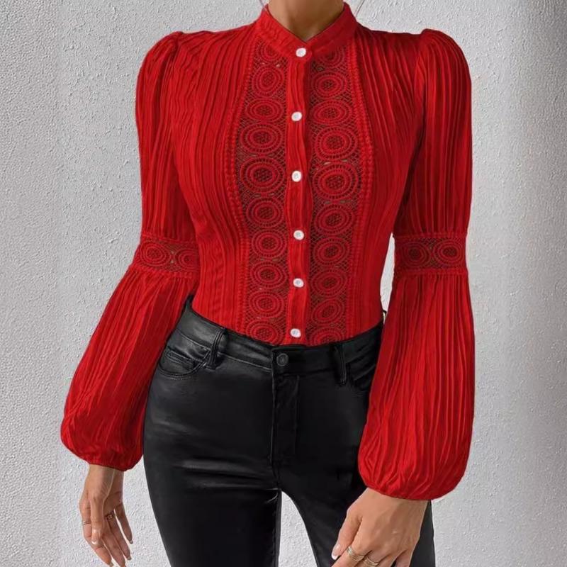 Plus Size Shirts Women Elegant Tops Fashion Lace Patchwork Lantern Sleeve Vintage Stand Hollow Out Casual Loose Blouse Women Buttons Slim Shirt 3291
