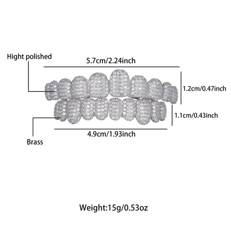 Iced Out CZ Stone Teeth Grillz Top Bottom Zircon Tooth Caps For Women Men Jewelry Party Gift 10/10 Silver