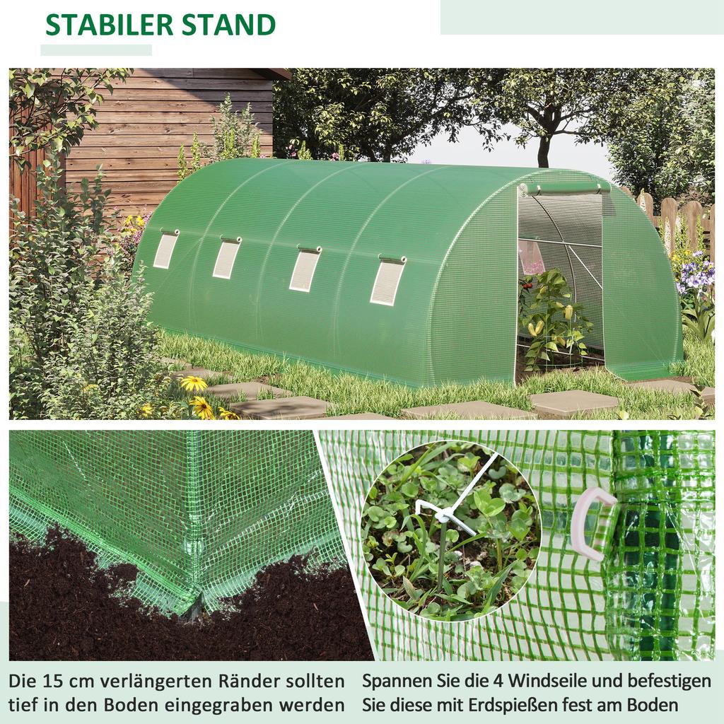 Walk-in Polytunnel Greenhouse. 8 Windows with Insect Netting. Durable Film. Steel Frame. 6 X 3 X 2 M. Green