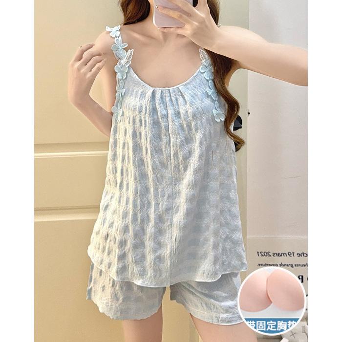 

Summer new woven colored cotton dyed lattice pajamas women s suspenders with chest pads sweet loungewear set XXL